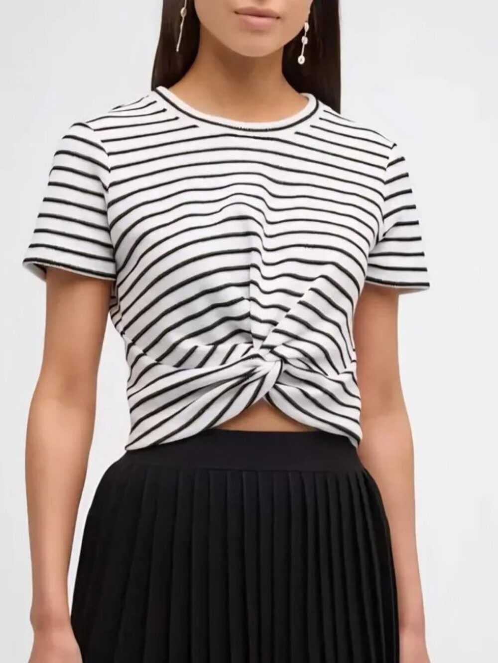 Tanya Taylor White Blk (Item-212) Zola Piqué Stripe Twisted Short-Sleeve Top XS